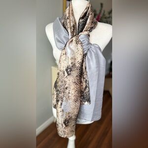 NWT Two-Tone Silk Scarf - Neutral Snake Print & Silver Grey - 68” x 33”